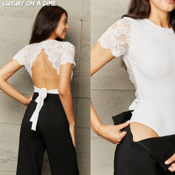 Lace Bodysuit Short Sleeve Scallop Shoulder Tied Waist Open Back One-piece White - Picture 2 of 8